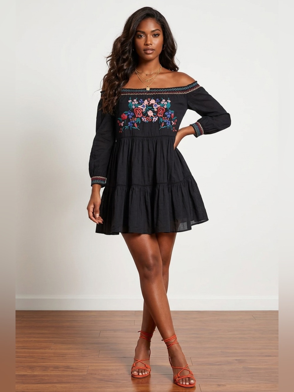 Free People Sunbeams Off-Shoulder Black Embroidered Tiered Mini Dress